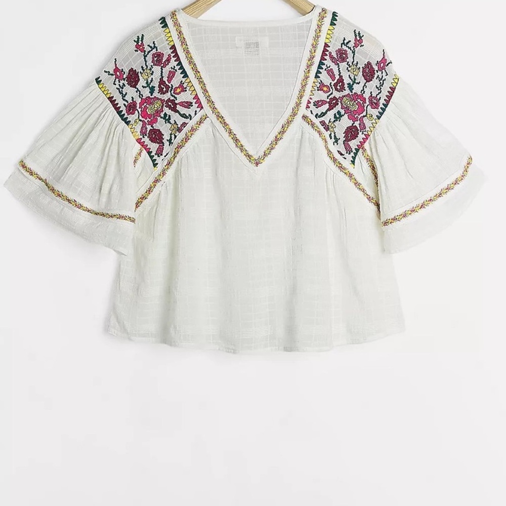 Anthropologie White Top with Pink and Green Embroidery